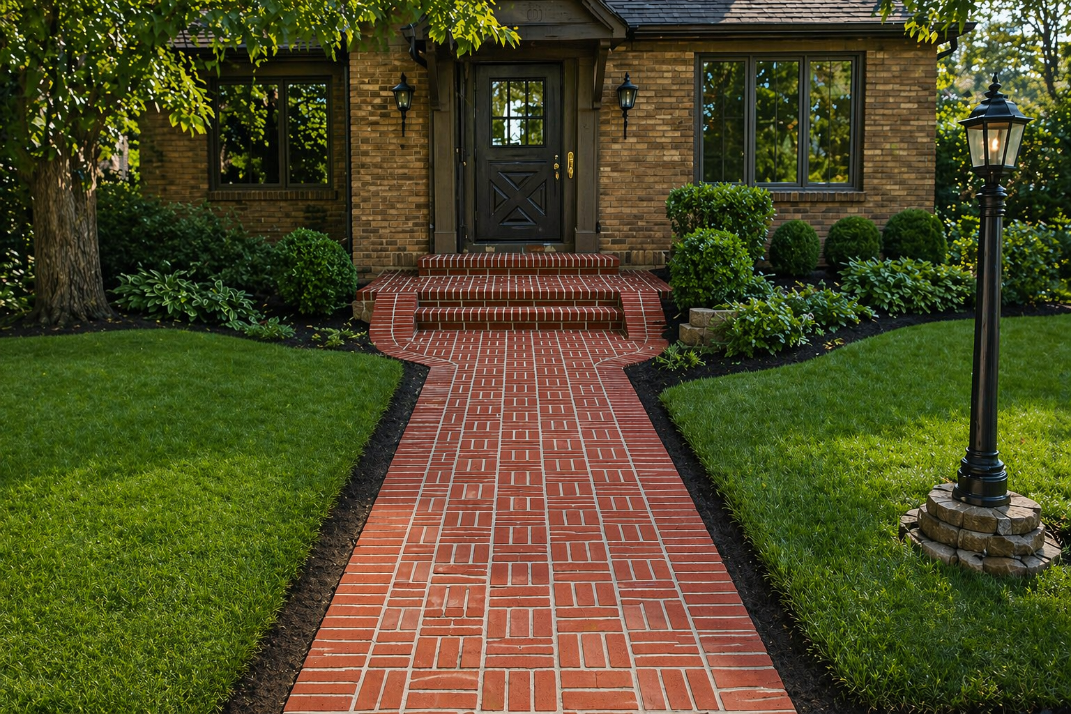 Brick walkway leading to a brick house entrance, bordered by manicured green lawns.