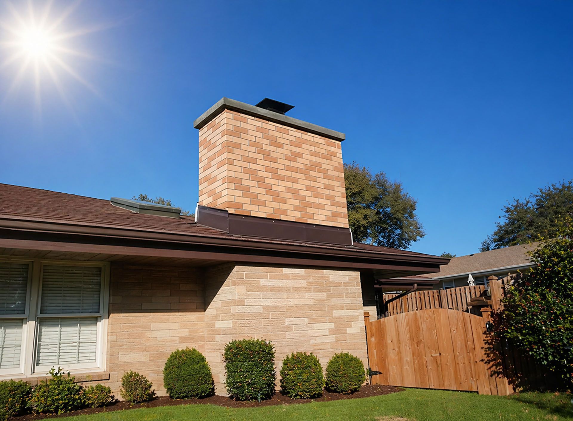 A house exterior with brick chimney, blue sky, lawn, and wooden fence