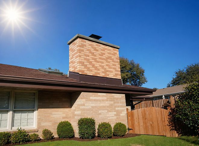 A house exterior with brick chimney, blue sky, lawn, and wooden fence