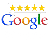 Google logo with five gold stars above it on a white background