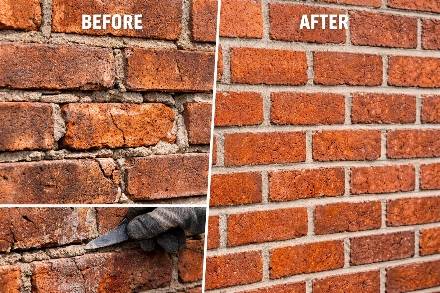 Brick wall repair comparison: damaged bricks before and smooth, restored brickwork after.