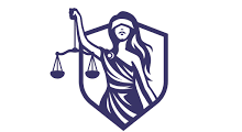 Lady Justice figure with scales, blindfold, holding scales, inside a shield.
