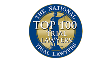 The National Top 100 Trial Lawyers logo: blue and gold emblem with Lady Justice statue and text.