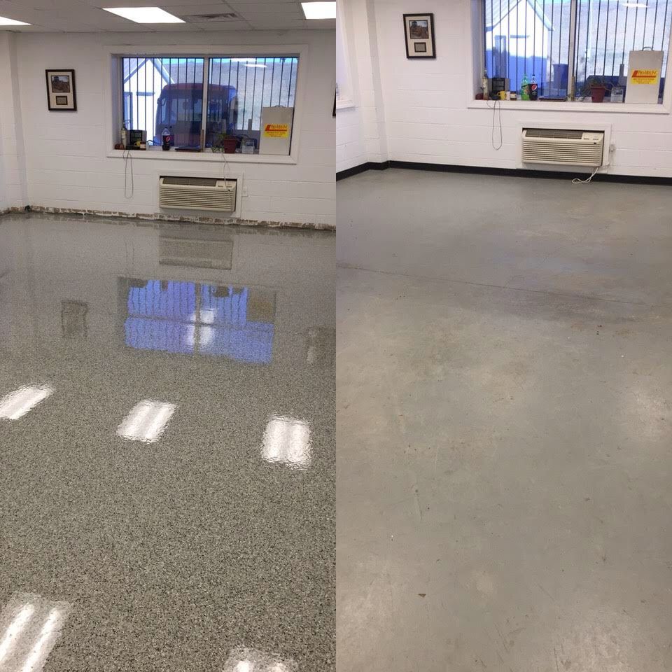 A before and after photo of a room with a gray floor