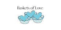 Baskets of Love logo with blue hearts and woven baskets on a white background