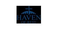 Blue “Haven of Rest” logo with a roof and cross on a black background