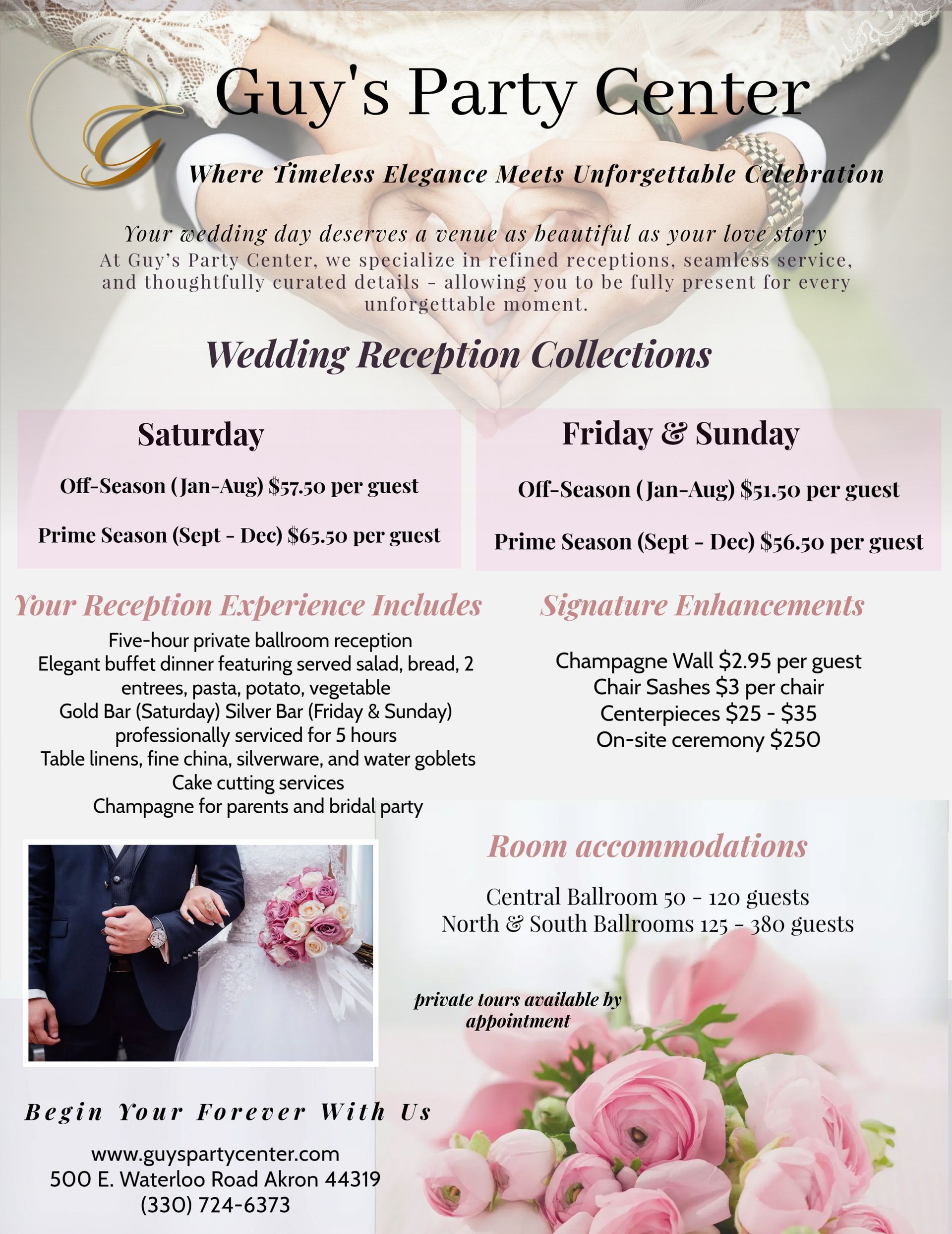 Guy’s Party Center wedding reception collections flyer with navy and blush floral accents.