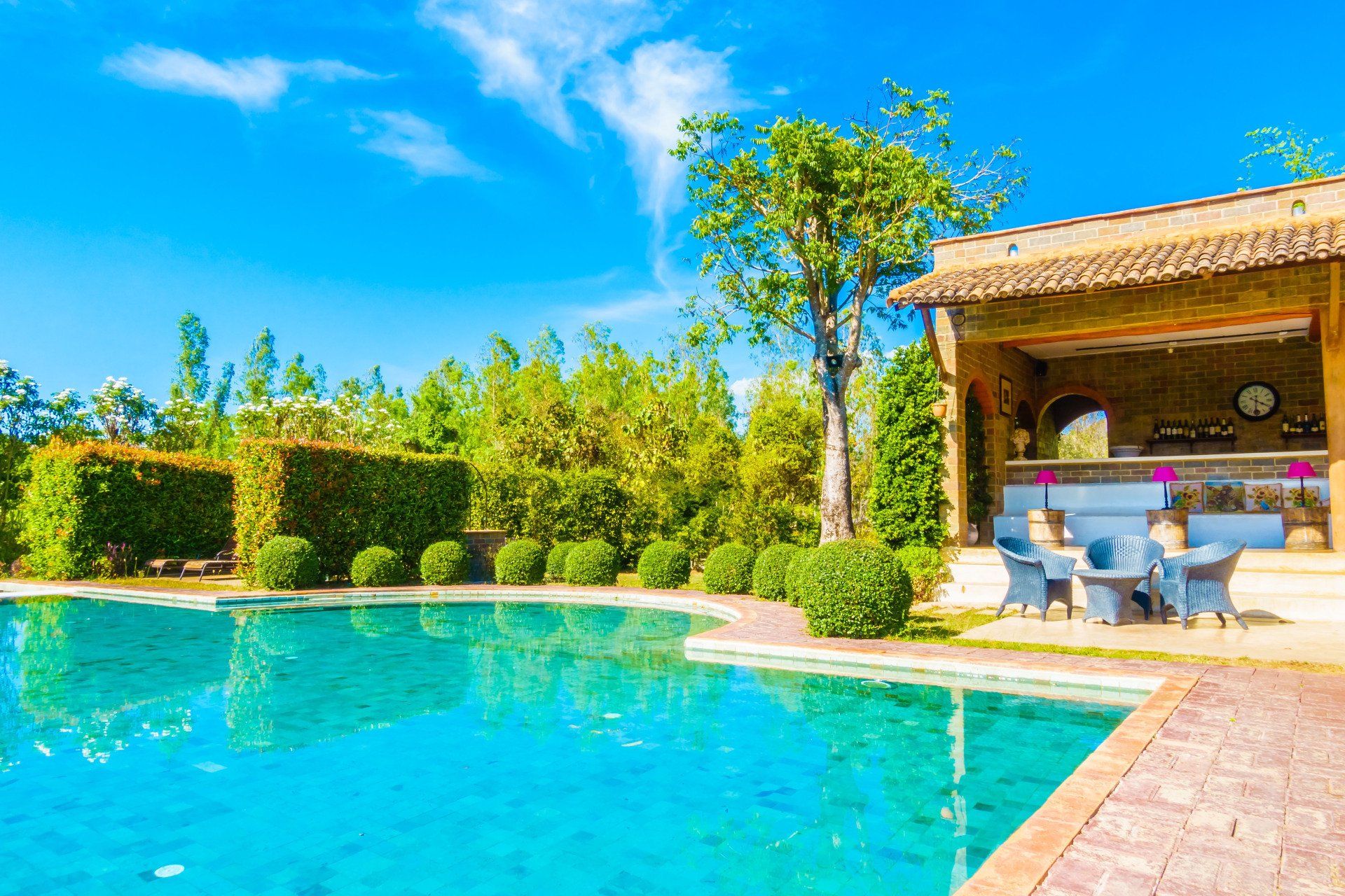 There is a large swimming pool in the middle of a lush green garden.