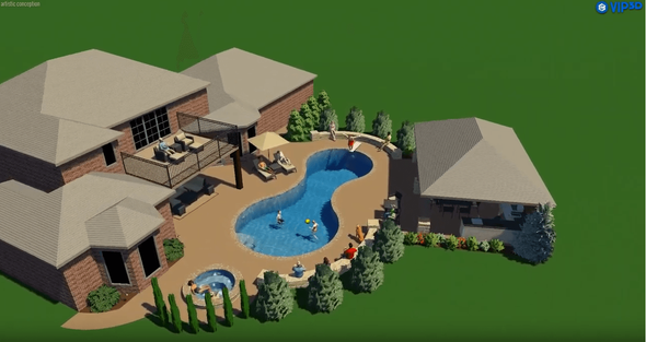 An aerial view of a house with a large swimming pool in the backyard.