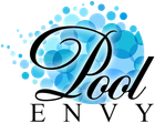 A logo for pool envy with blue bubbles in the background