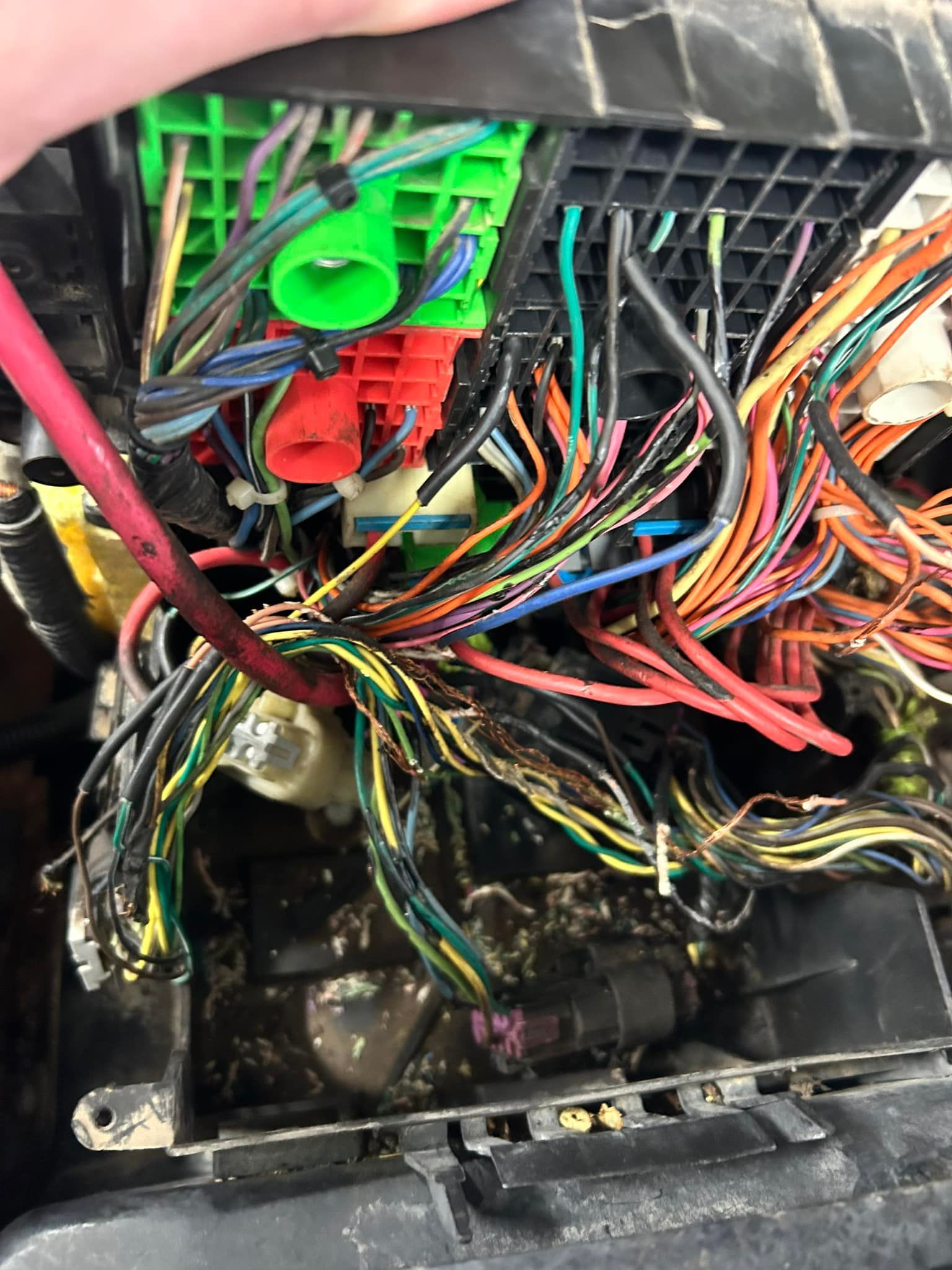 A hand holding up a car's exposed fuse box and wiring harness, showing various colored wires and plastic connectors.