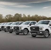 A line of white pickup trucks parked in a row on an asphalt lot against a tree-lined background.