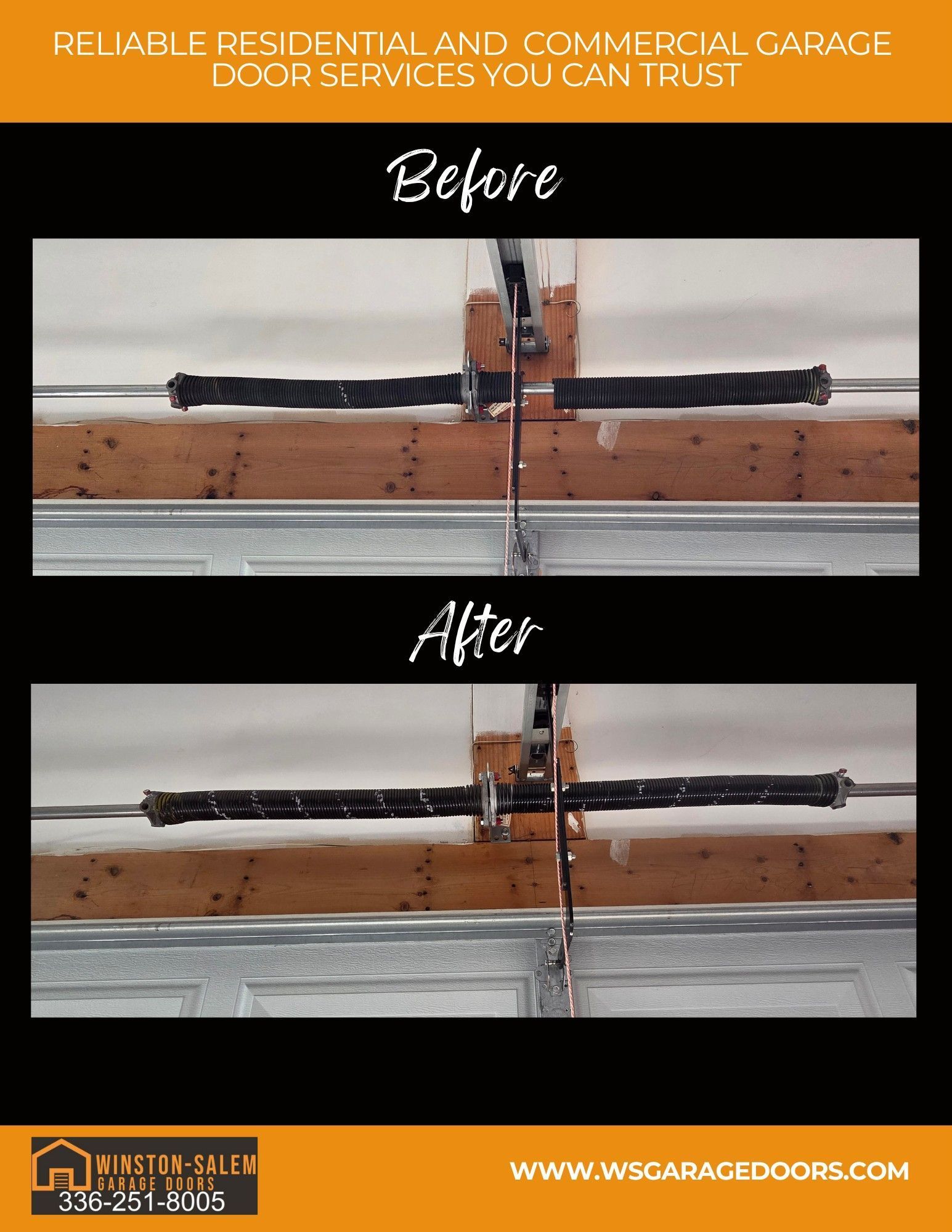 Before and after of a garage door spring repair; damaged spring replaced.