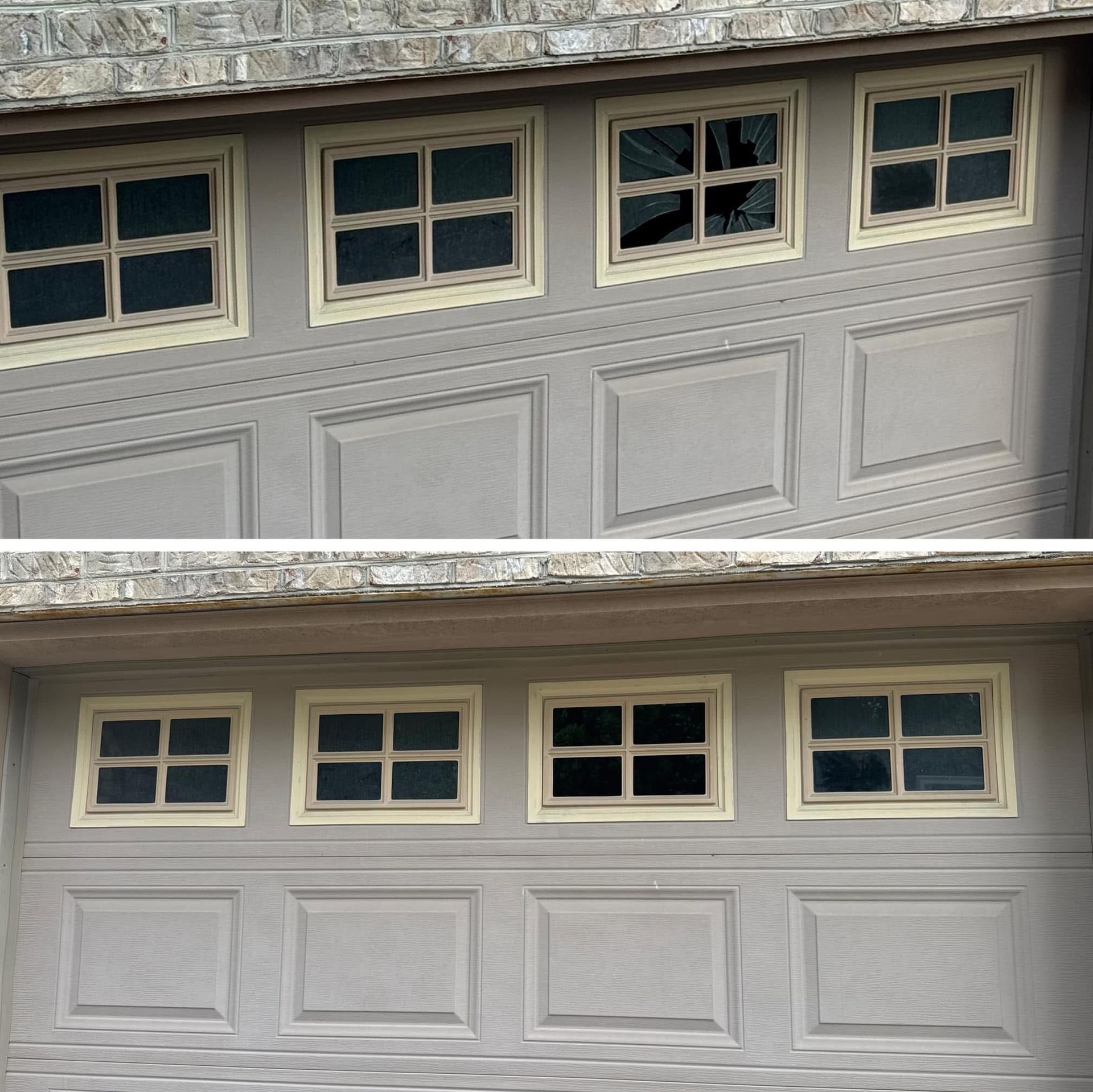 Garage door with four windows; the top image is tilted.