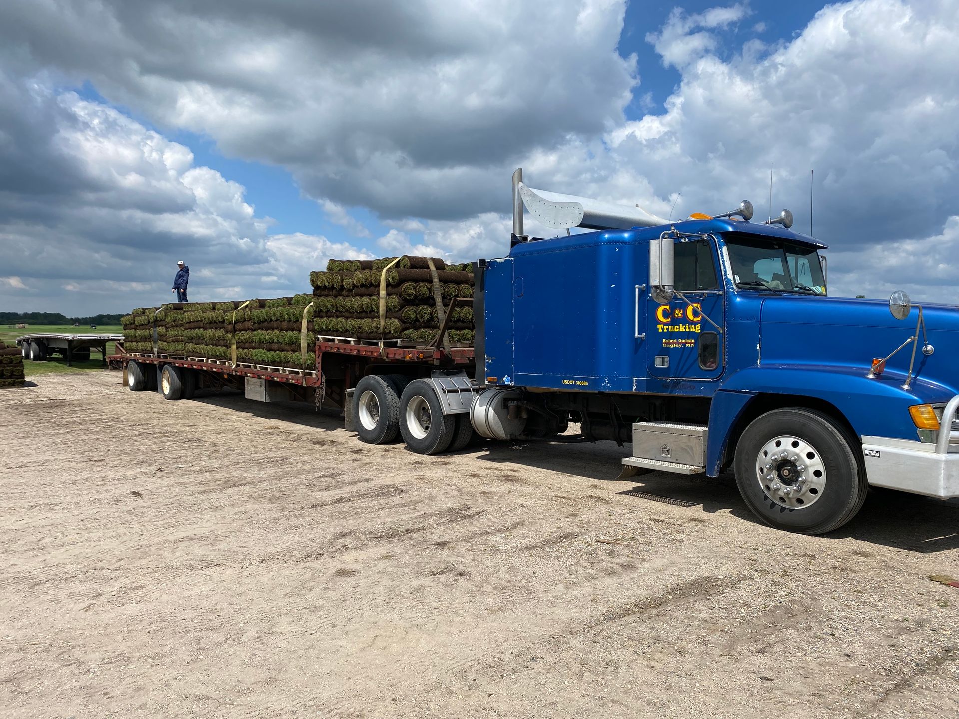 A blue semi-truck loaded with rolls of sod parked on a gravel lot under a cloudy sky.