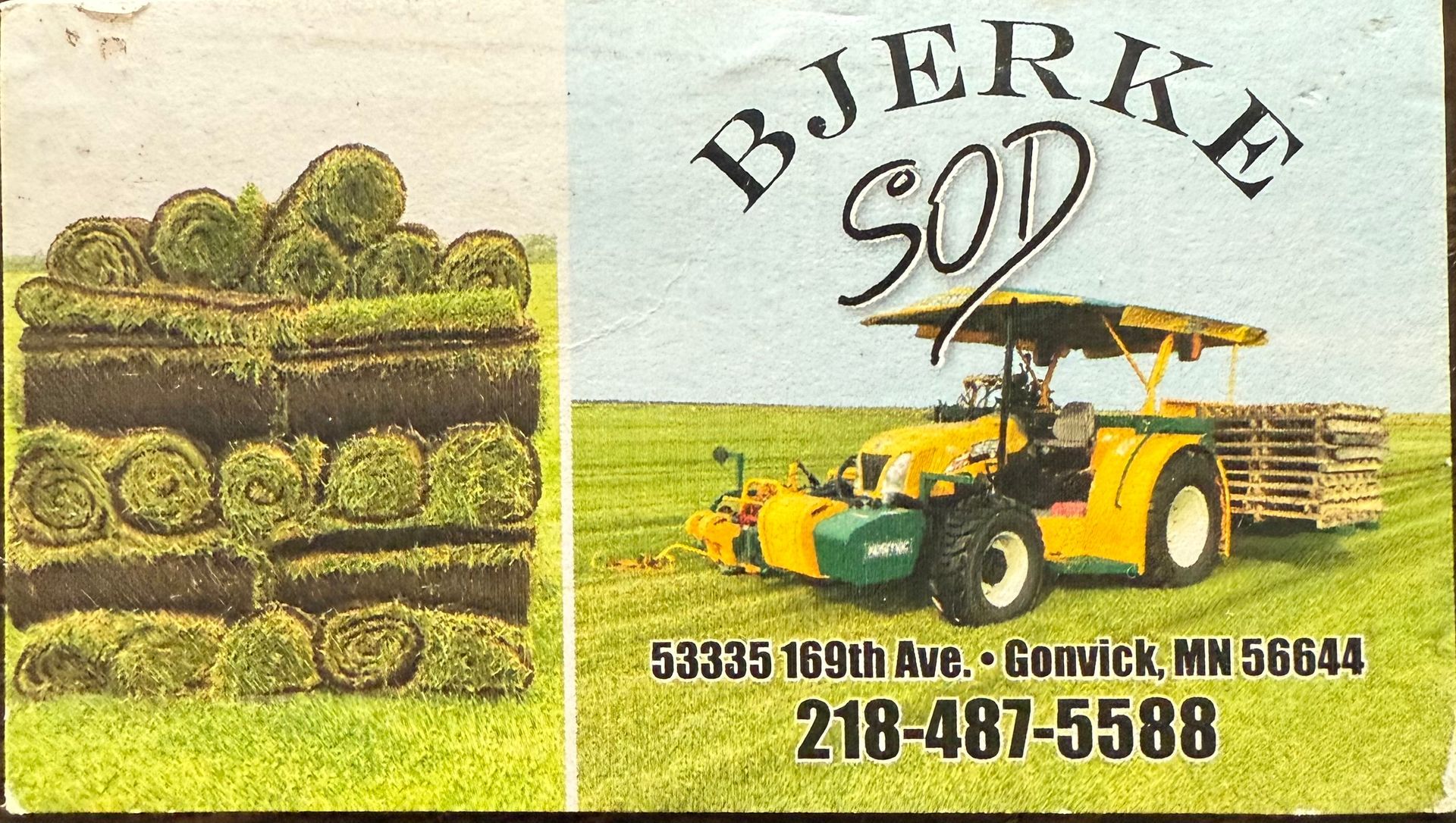 Business card for Bjerke Sod featuring stacked grass rolls, a yellow tractor in a field, address, and phone number.