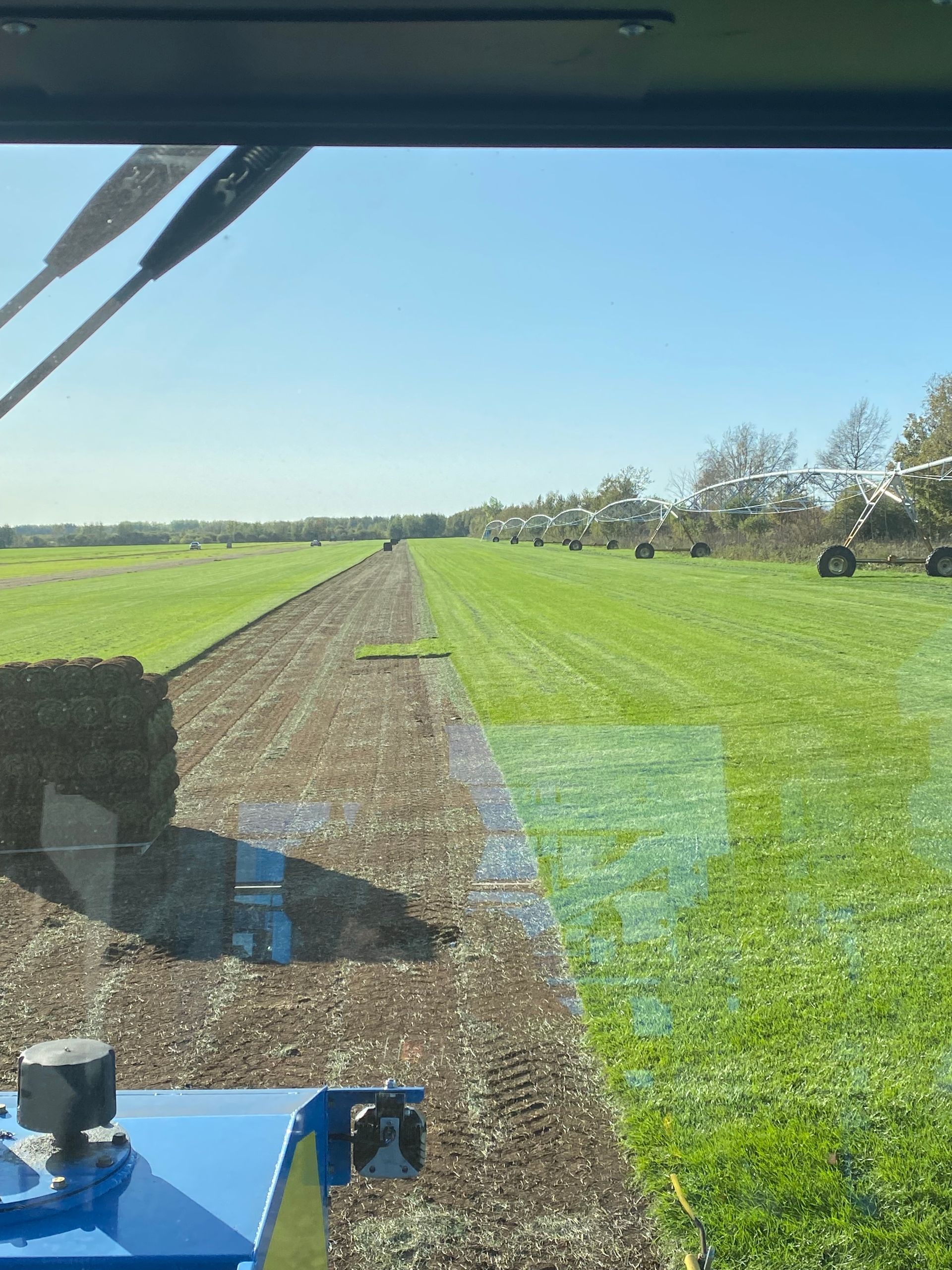 A view from a tractor cab showing a freshly harvested strip of soil alongside a vibrant green field under a clear blue sky.