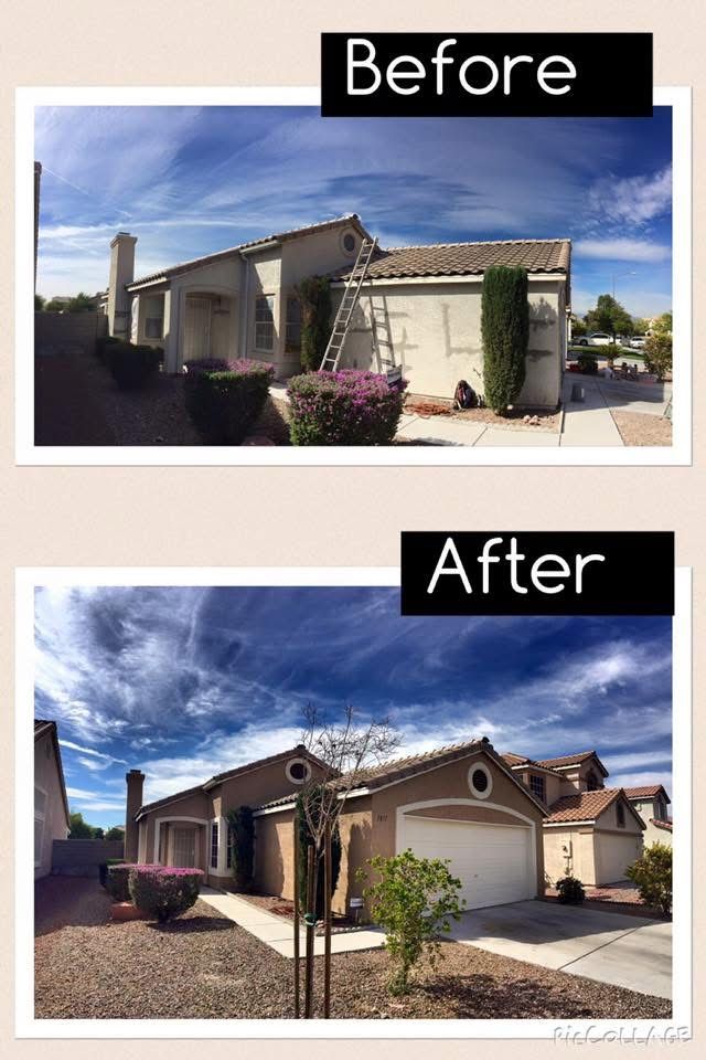 Before-and-after view of a house exterior, showing a renovated front yard and façade under a blue sky.