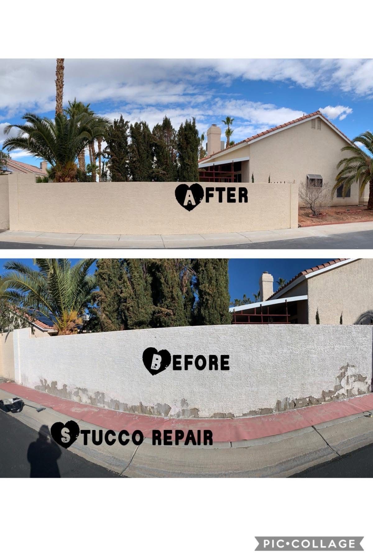 Stucco wall repair before-and-after comparison of a house exterior with white wall and blue sky.