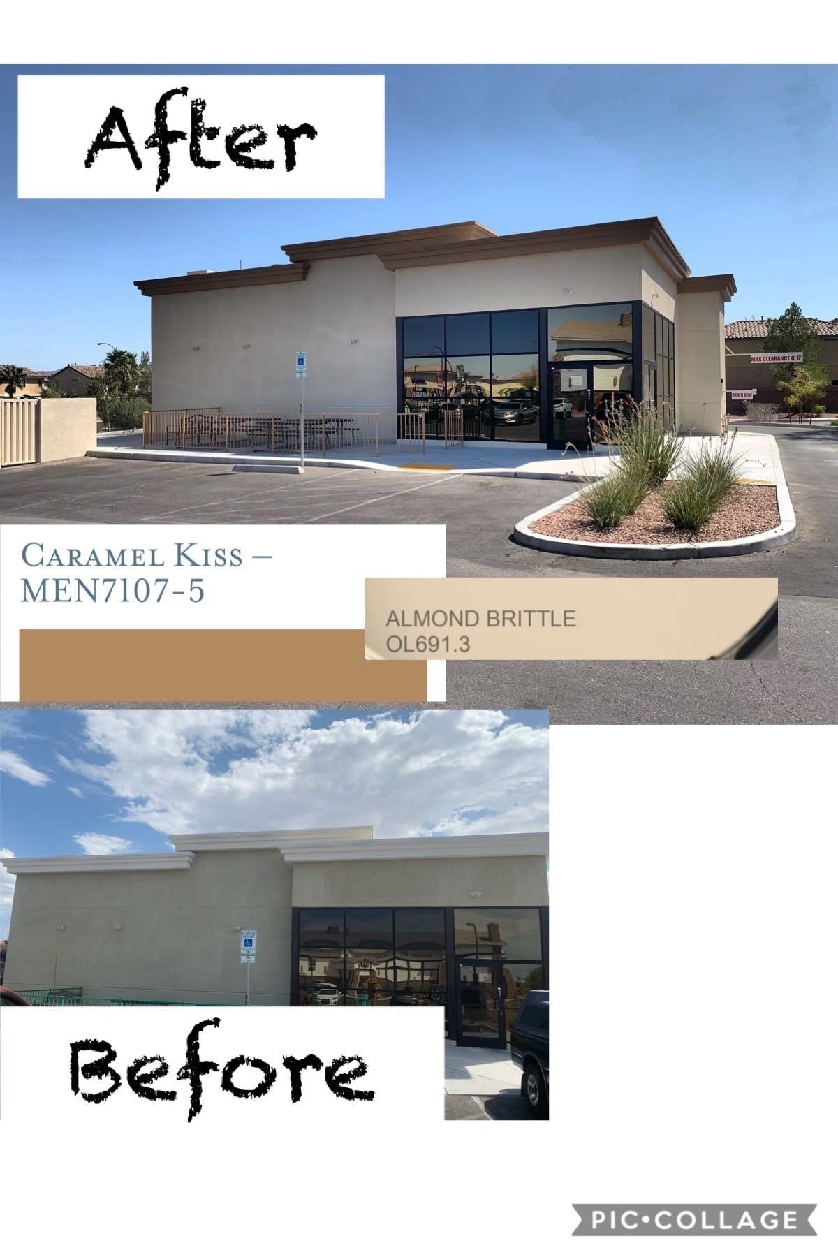 Before-and-after collage of a beige building exterior with storefront windows and a small landscaped lot.