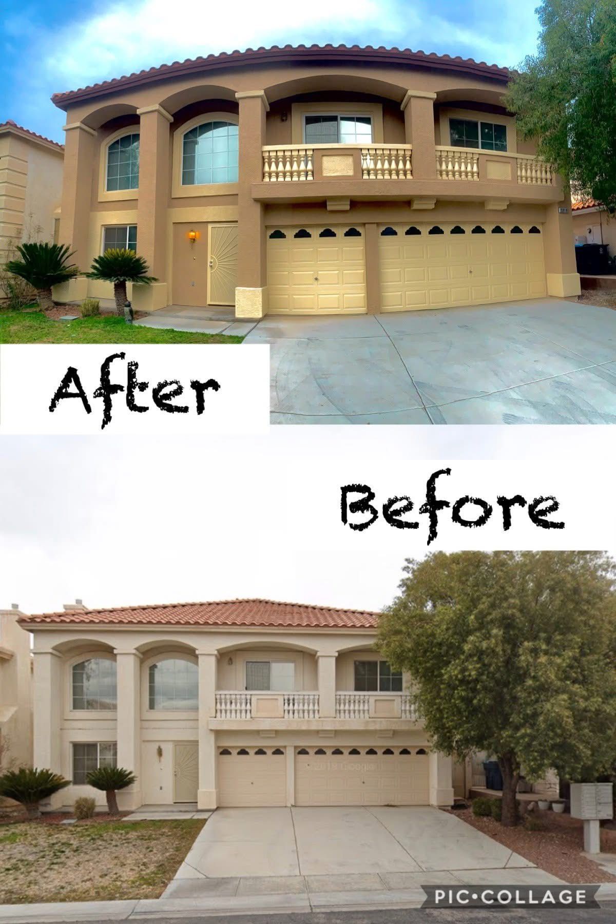 Before-and-after view of a beige house exterior with garage and driveway, showing a remodel.