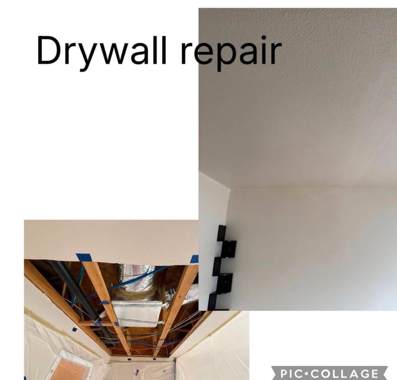 Drywall repair collage showing ceiling opening and patched white wall in a room
