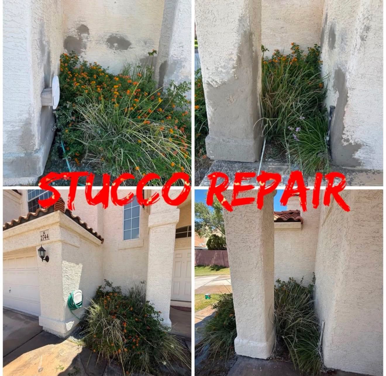 Stucco wall damage and repairs around a column, with red STUCCO REPAIR text across the image