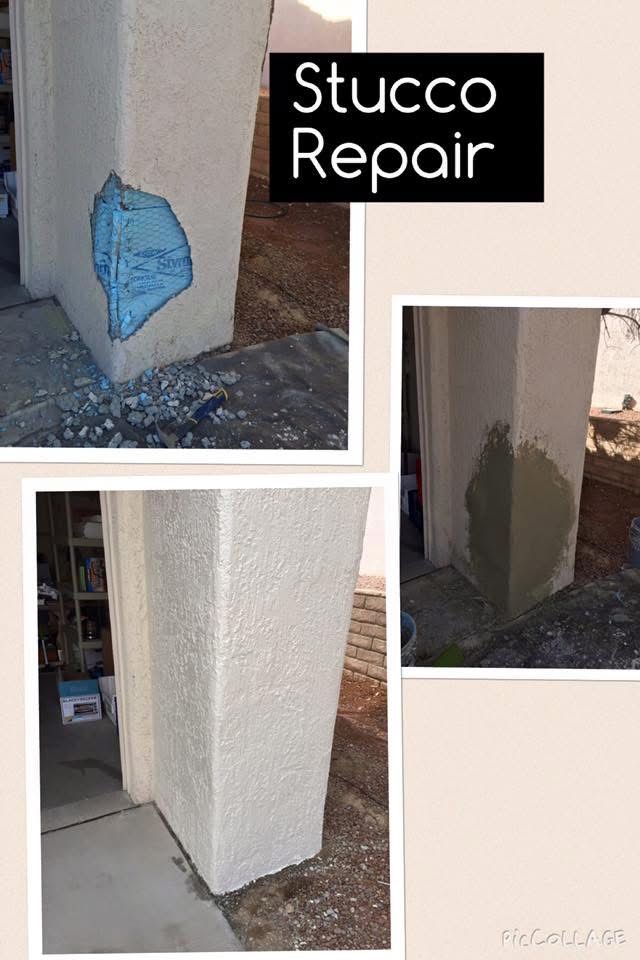 Stucco repair on a damaged wall corner, shown before and after patches.