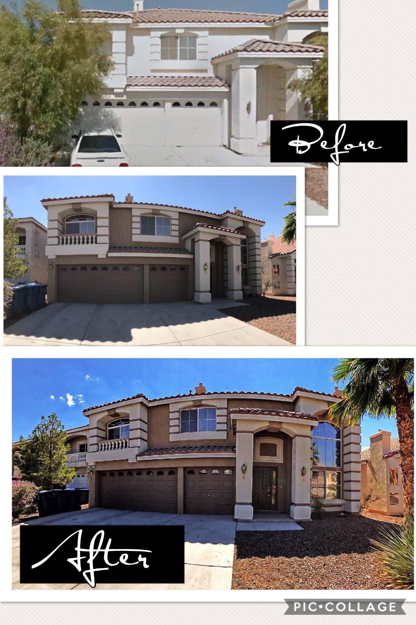 Before-and-after collage of a renovated beige house exterior with garage and palm trees.