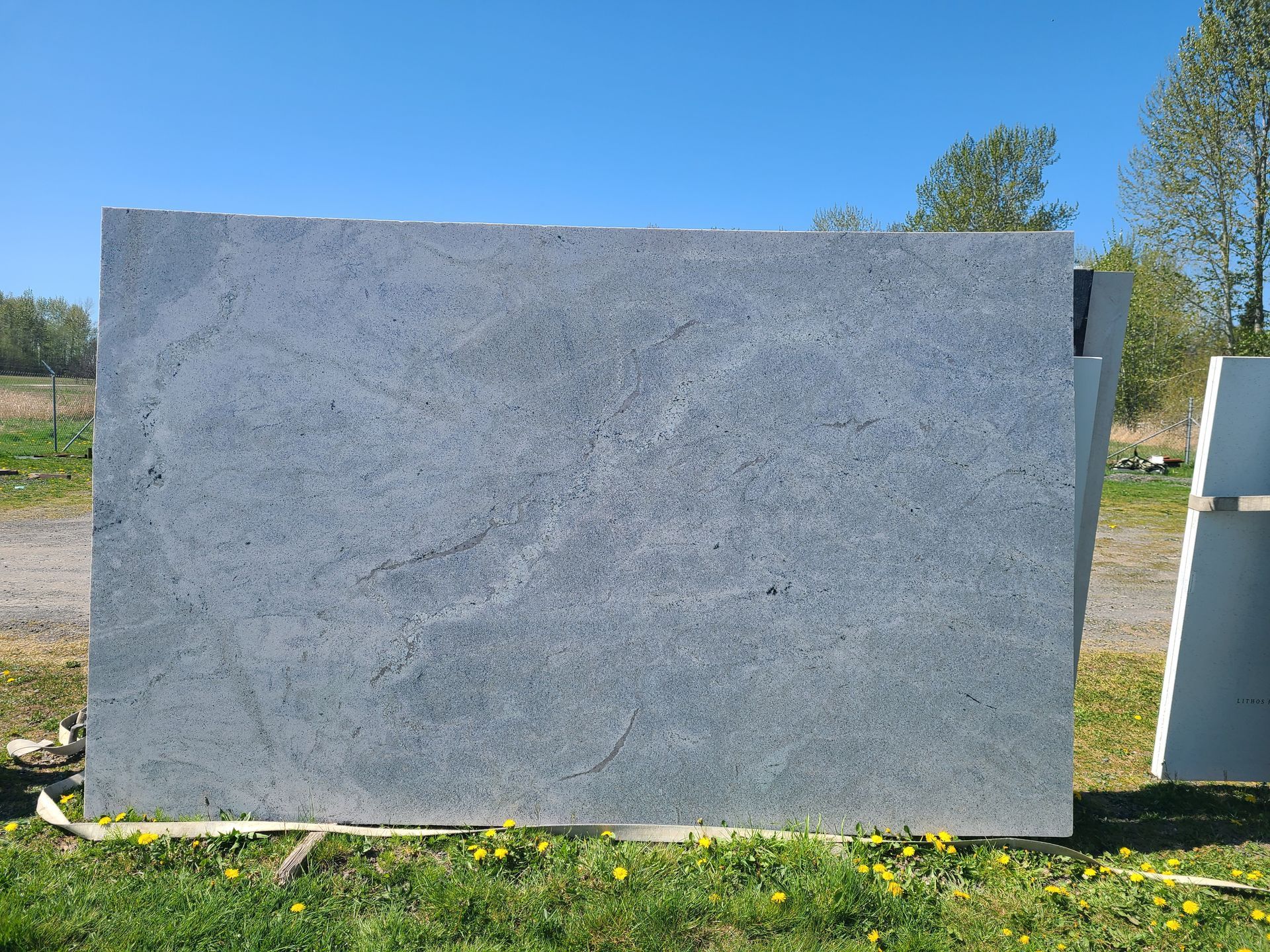 A large gray granite slab is sitting in a grassy field