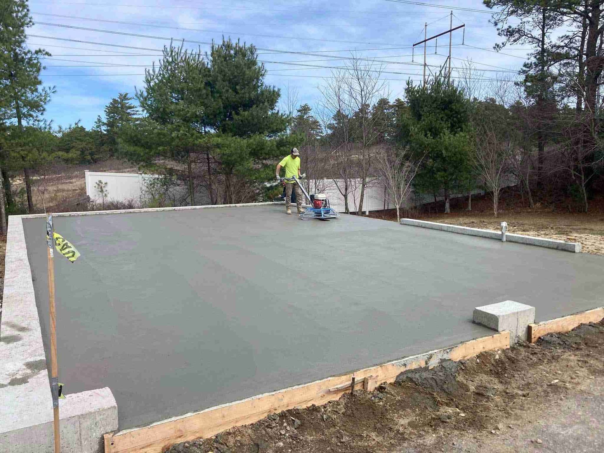Concrete slab foundation being finished at a construction site, with workers and tools nearby.