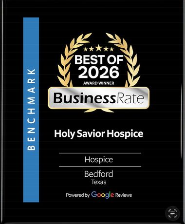 Business Rate Best of 2026 award for Holy Savior Hospice, Bedford, Texas, black and gold design