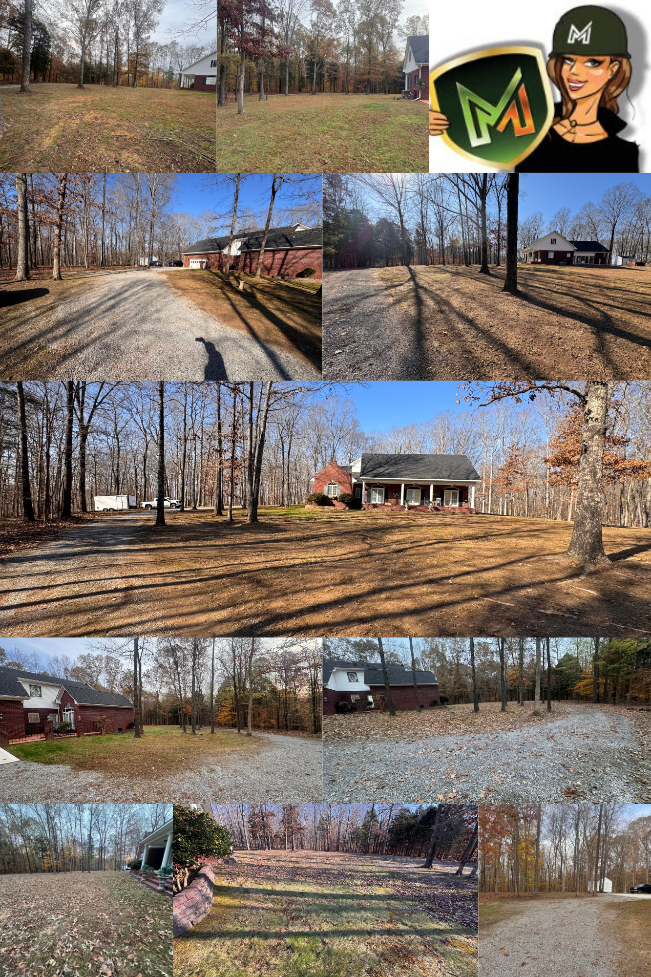 A collage of pictures of a house in the woods.