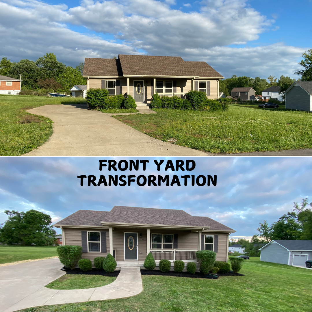 A before and after picture of a front yard transformation