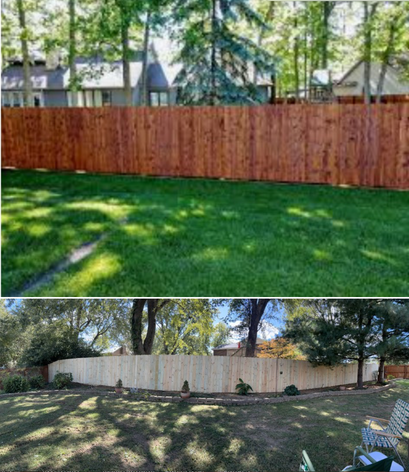 A before and after picture of a wooden fence in a backyard.