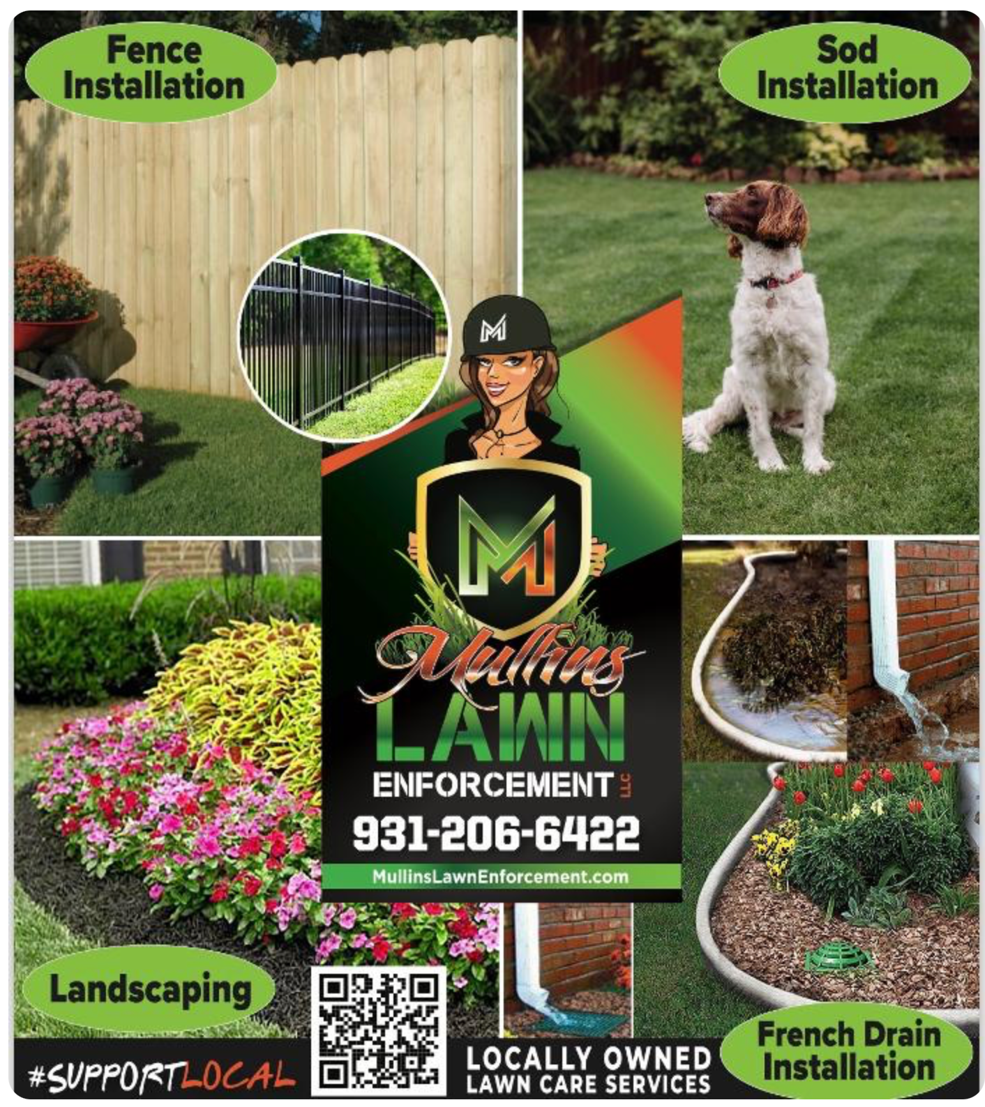 A lawn care company is offering fence installation, sod installation, landscaping, and french drain installation.