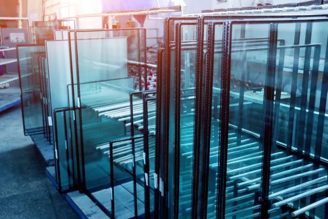 Stacks of glass panes in metal racks at a sunlit industrial storage area