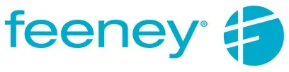 The feeney logo is blue and white with a blue circle in the middle.