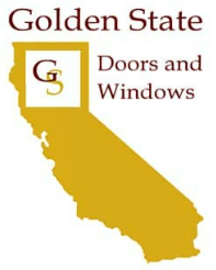 The logo for golden state doors and windows is a map of california.