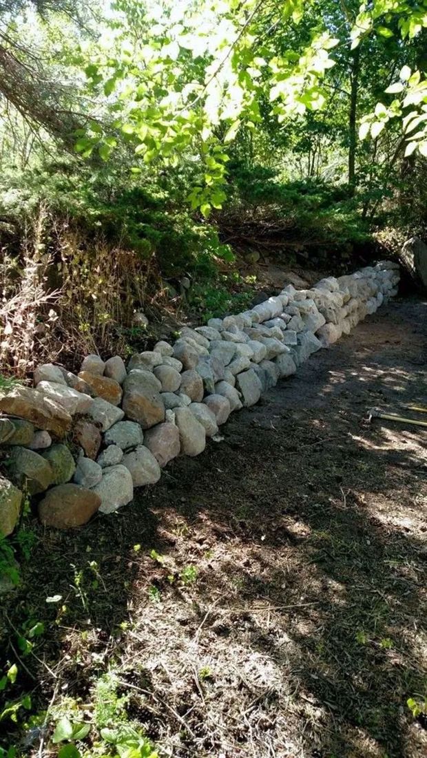 A stone wall built from rounded rocks curves through a wooded area with trees and dappled sunlight.