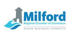Milford Regional Chamber of Commerce logo with blue wave and gray tower, “Where Business Connects” tagline