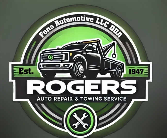 Rogers Auto Repair & Towing Service logo with black tow truck, green accents, and “Est. 1947”