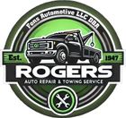 Rogers Auto Repair & Towing Service logo with black tow truck, green accents, and &ldquo;Est. 1947&rdquo; text