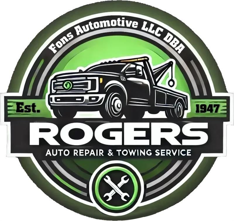 Rogers Auto Repair & Towing Service logo with black tow truck, green accents, and &ldquo;Est. 1947&rdquo; text