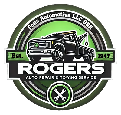 Rogers Auto Repair & Towing Service logo with tow truck, wrenches, and green-black circular design