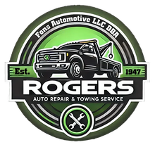 Rogers Auto Repair & Towing Service logo with tow truck, wrenches, and green-black circular design