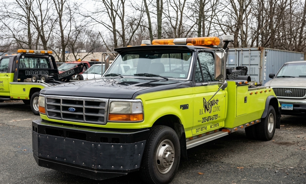 Yellow tow truck parked on gravel lot with leafless trees in the background