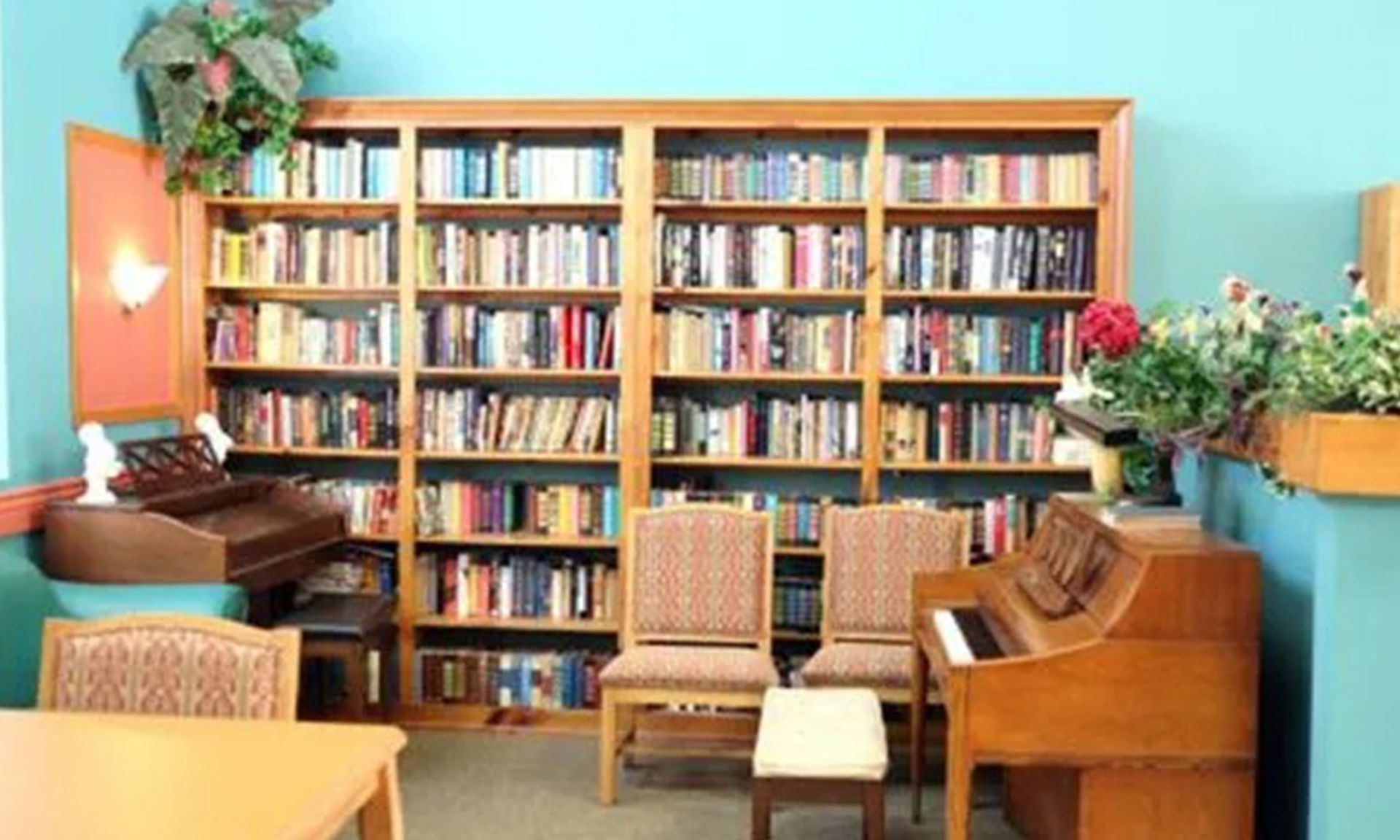 Bookshelves filled with books, chairs, a piano, and plants in a room with blue and orange walls.