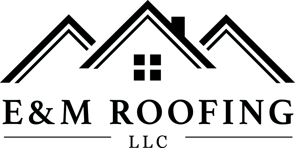 A black and white logo for e & m roofing llc.