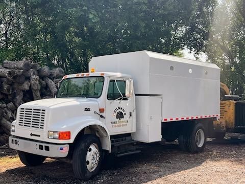 White tree service truck with large storage box parked by logs and a wood chipper.